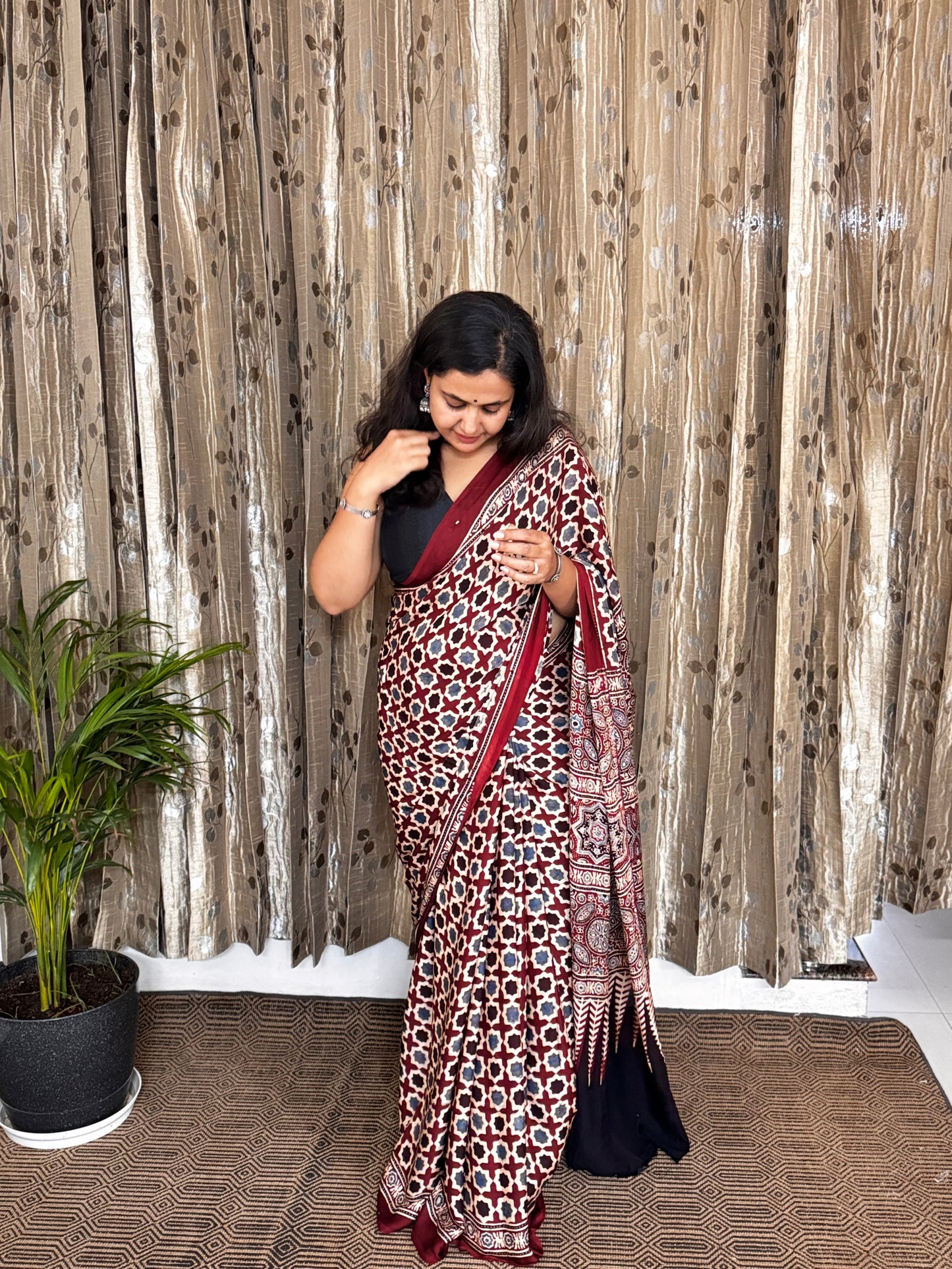 Maroon Hand Blockprint Ajrakh Modal Silk Saree