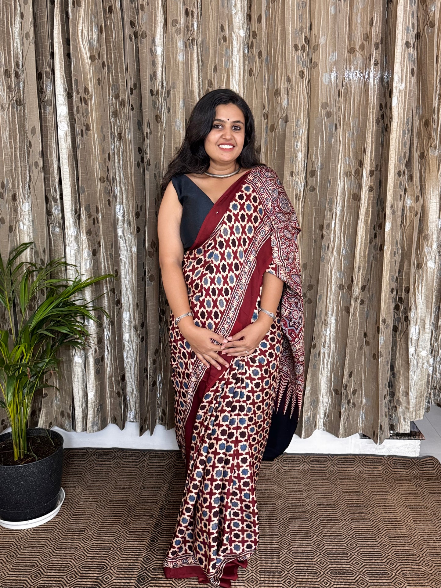 Maroon Hand Blockprint Ajrakh Modal Silk Saree