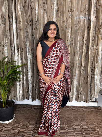 Maroon Hand Blockprint Ajrakh Modal Silk Saree
