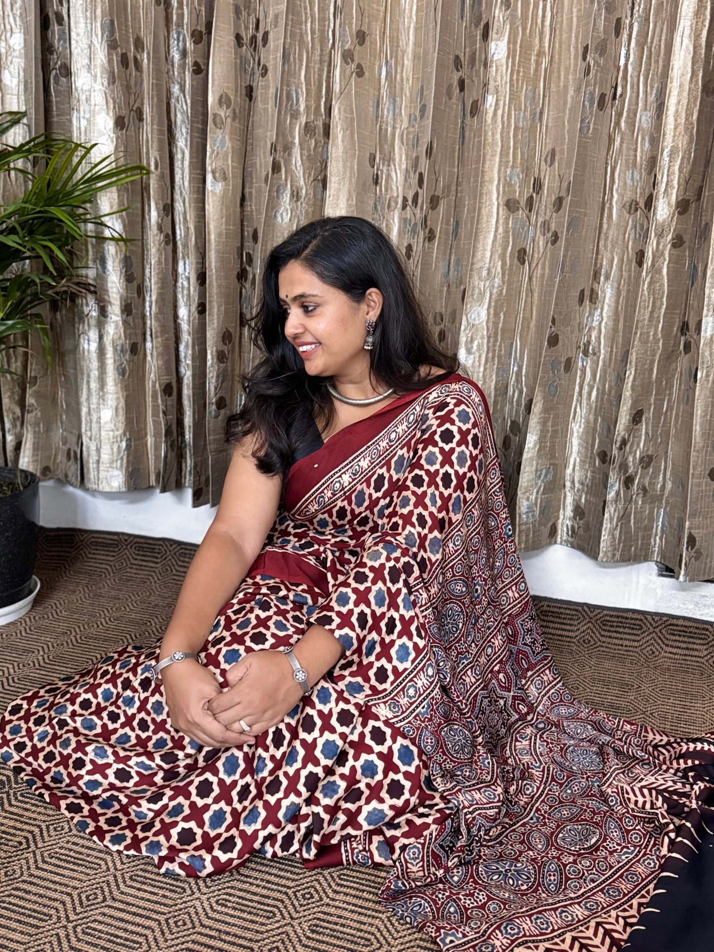Maroon Hand Blockprint Ajrakh Modal Silk Saree