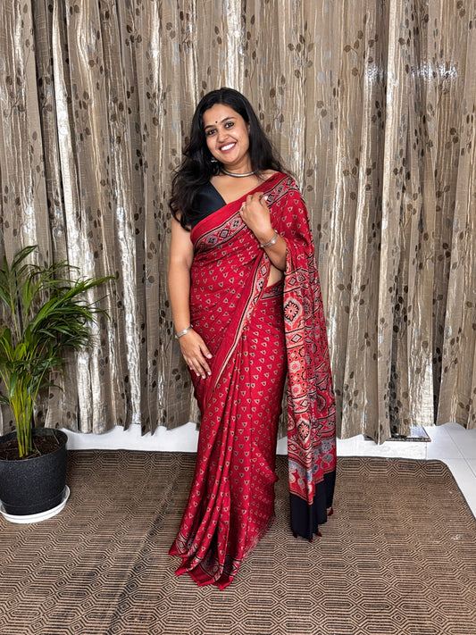 Red Hand Blockprint Ajrakh Modal Silk Saree