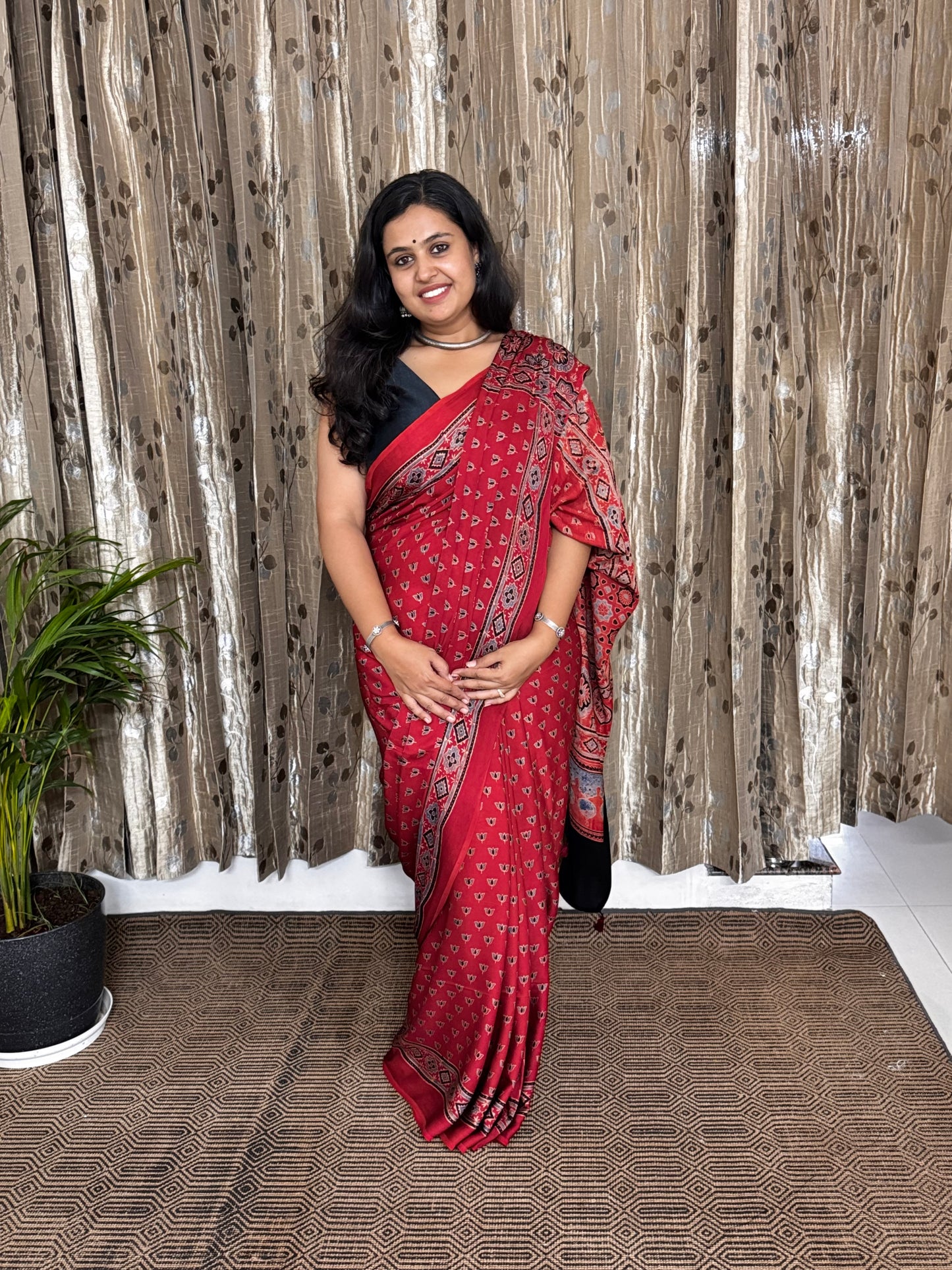 Red Hand Blockprint Ajrakh Modal Silk Saree