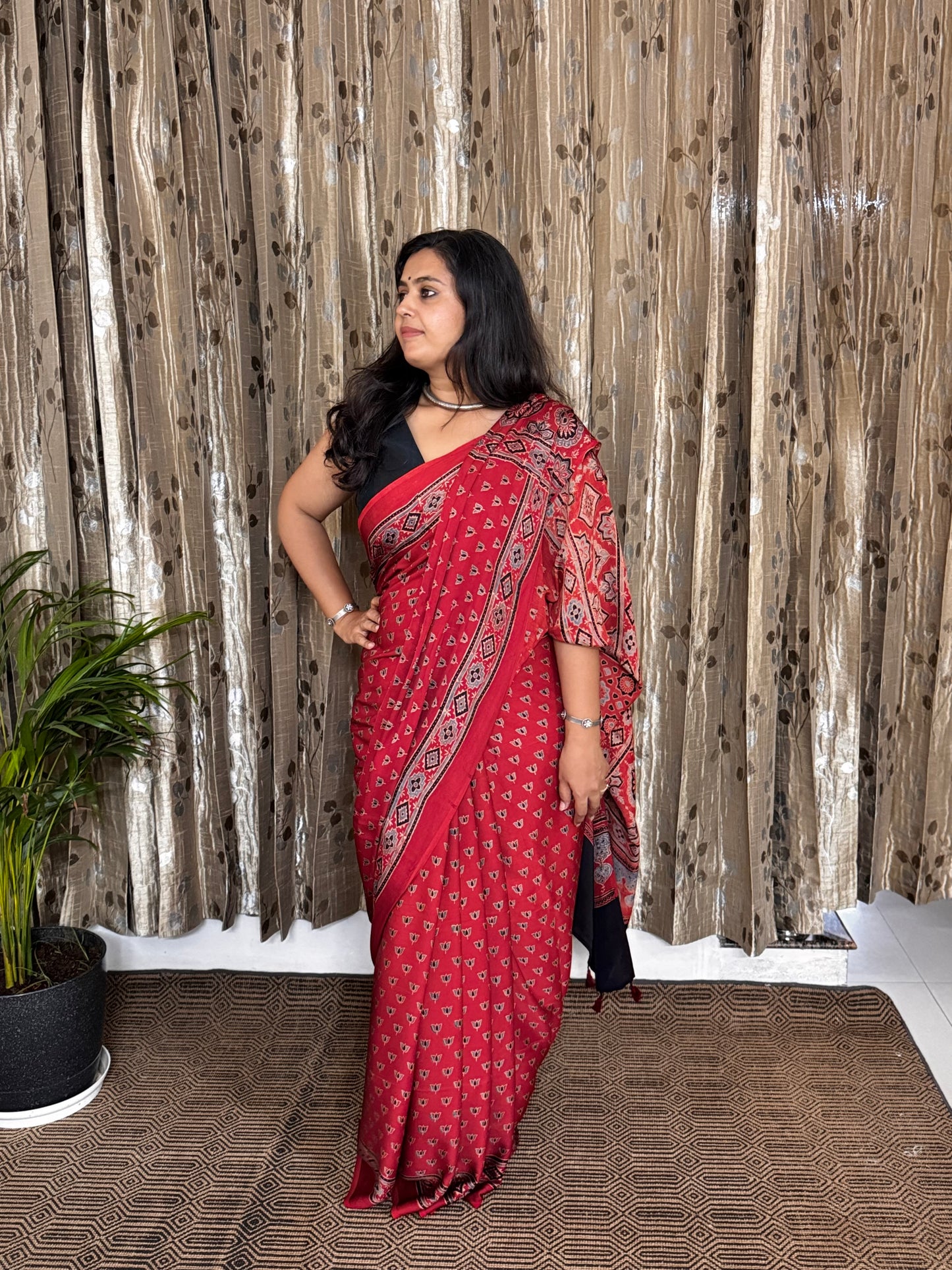 Red Hand Blockprint Ajrakh Modal Silk Saree
