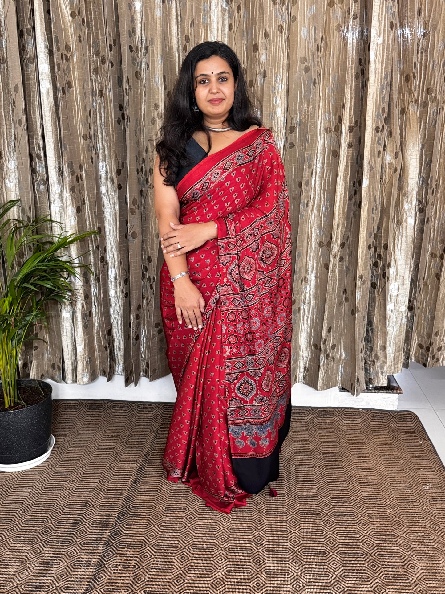 Red Hand Blockprint Ajrakh Modal Silk Saree