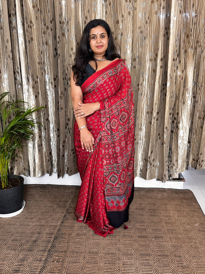 Red Hand Blockprint Ajrakh Modal Silk Saree