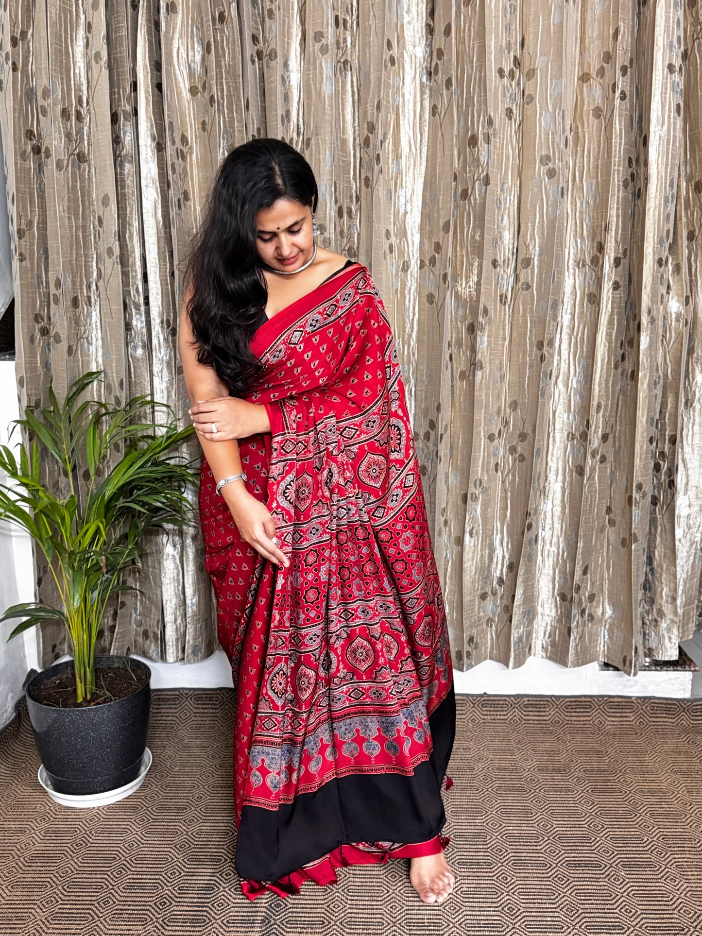 Red Hand Blockprint Ajrakh Modal Silk Saree