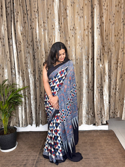 Blue Hand Blockprint Ajrakh Modal Silk Saree