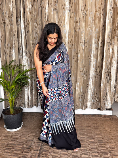 Blue Hand Blockprint Ajrakh Modal Silk Saree
