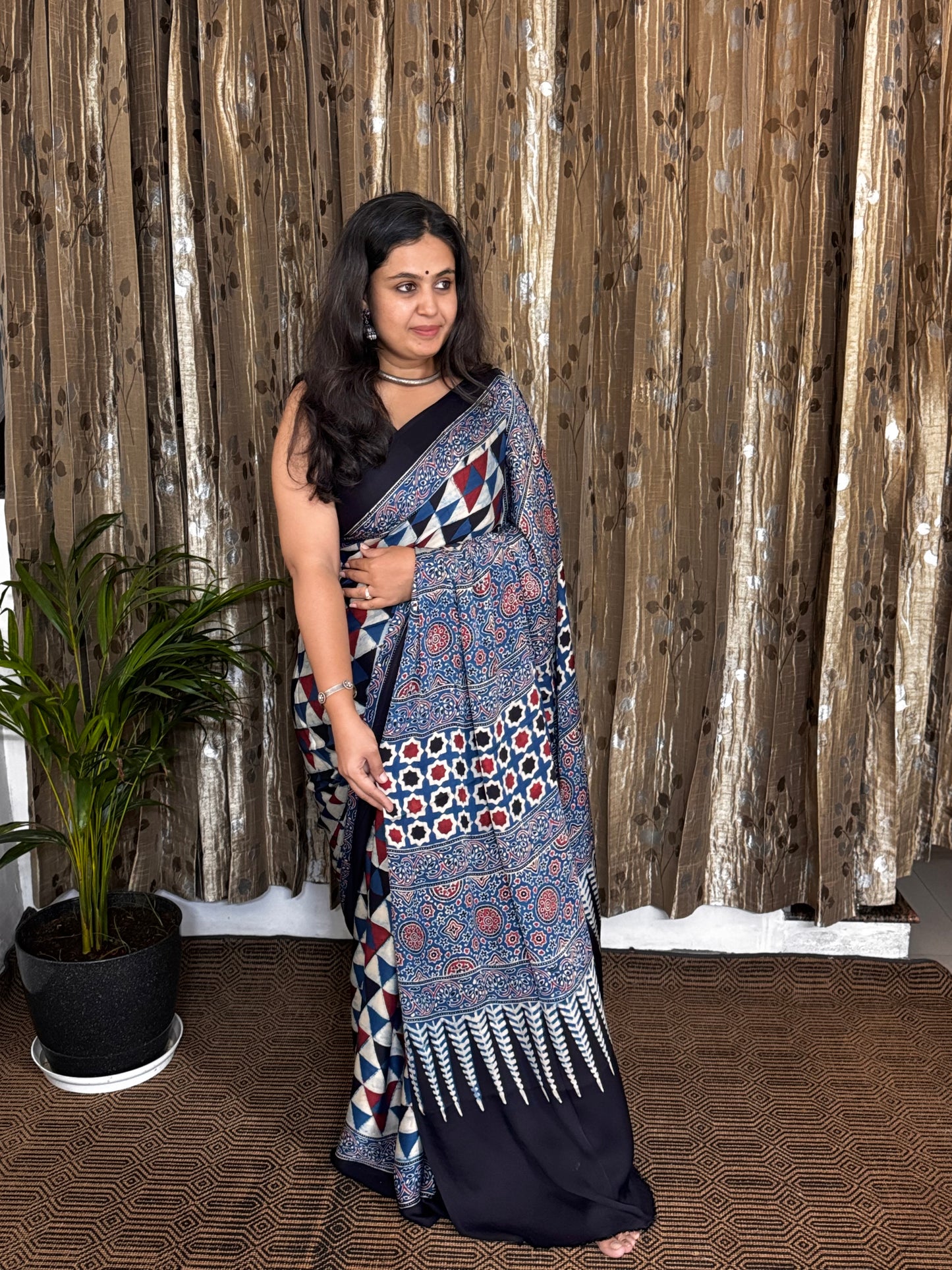 Blue Hand Blockprint Ajrakh Modal Silk Saree
