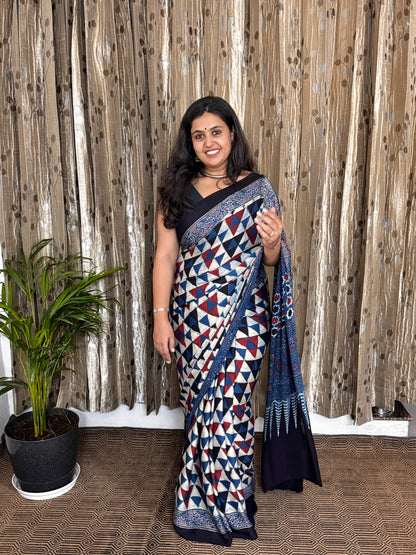 Blue Hand Blockprint Ajrakh Modal Silk Saree