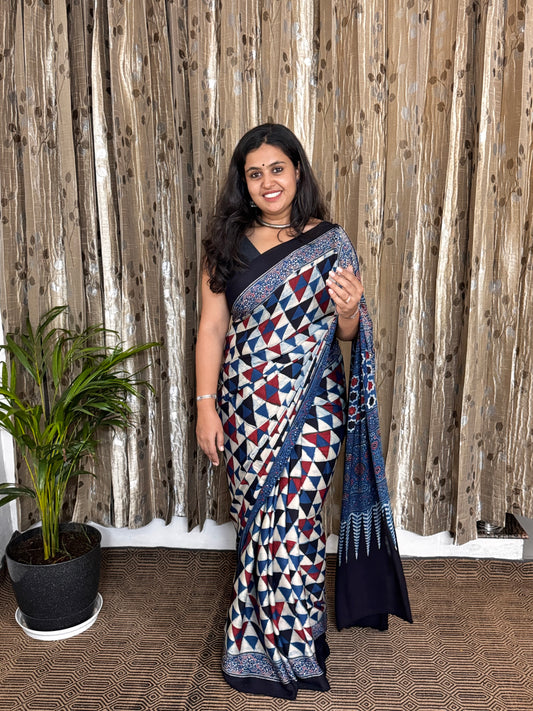 Blue Hand Blockprint Ajrakh Modal Silk Saree