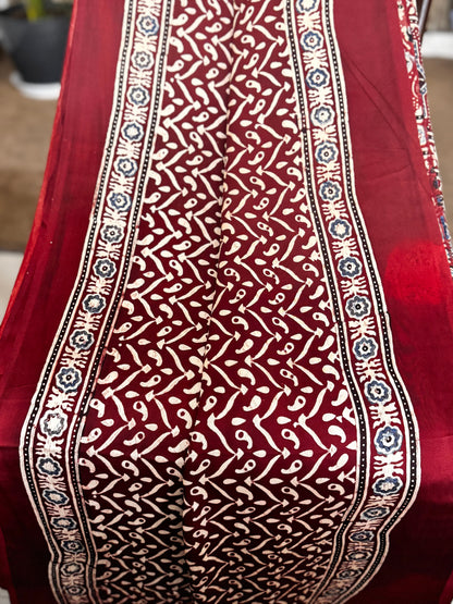 Maroon Hand Blockprint Ajrakh Modal Silk Saree