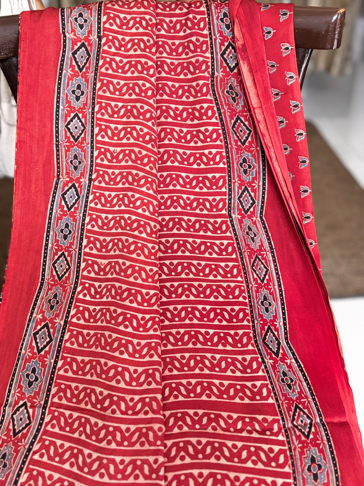 Red Hand Blockprint Ajrakh Modal Silk Saree