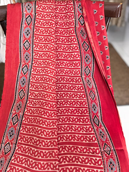 Red Hand Blockprint Ajrakh Modal Silk Saree