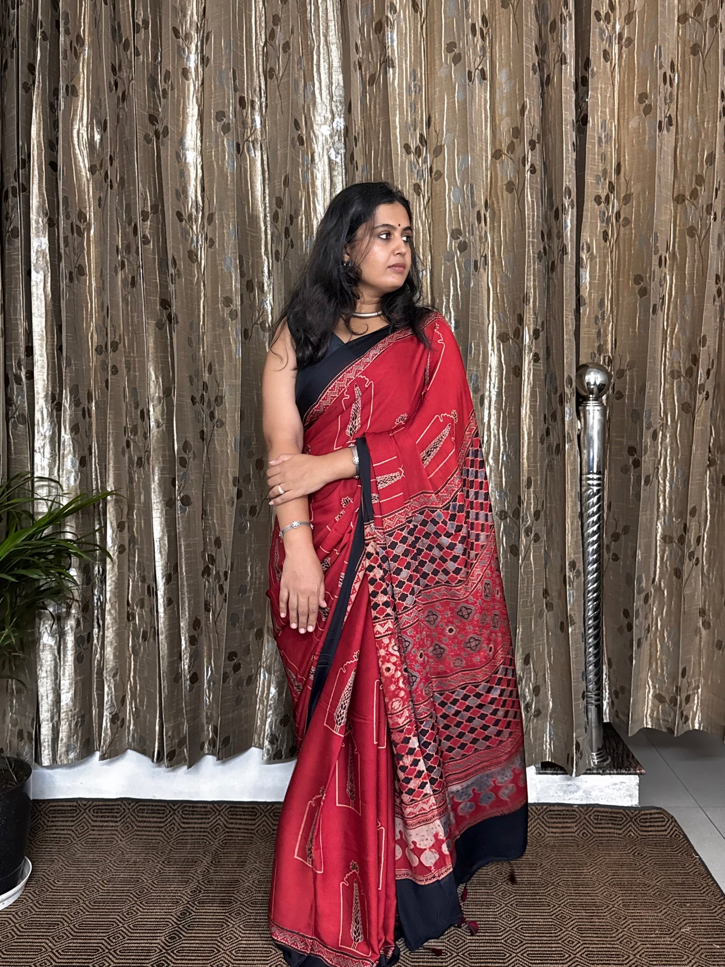 Red and black Hand Blockprint Ajrakh Modal Silk Saree