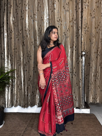 Red and black Hand Blockprint Ajrakh Modal Silk Saree