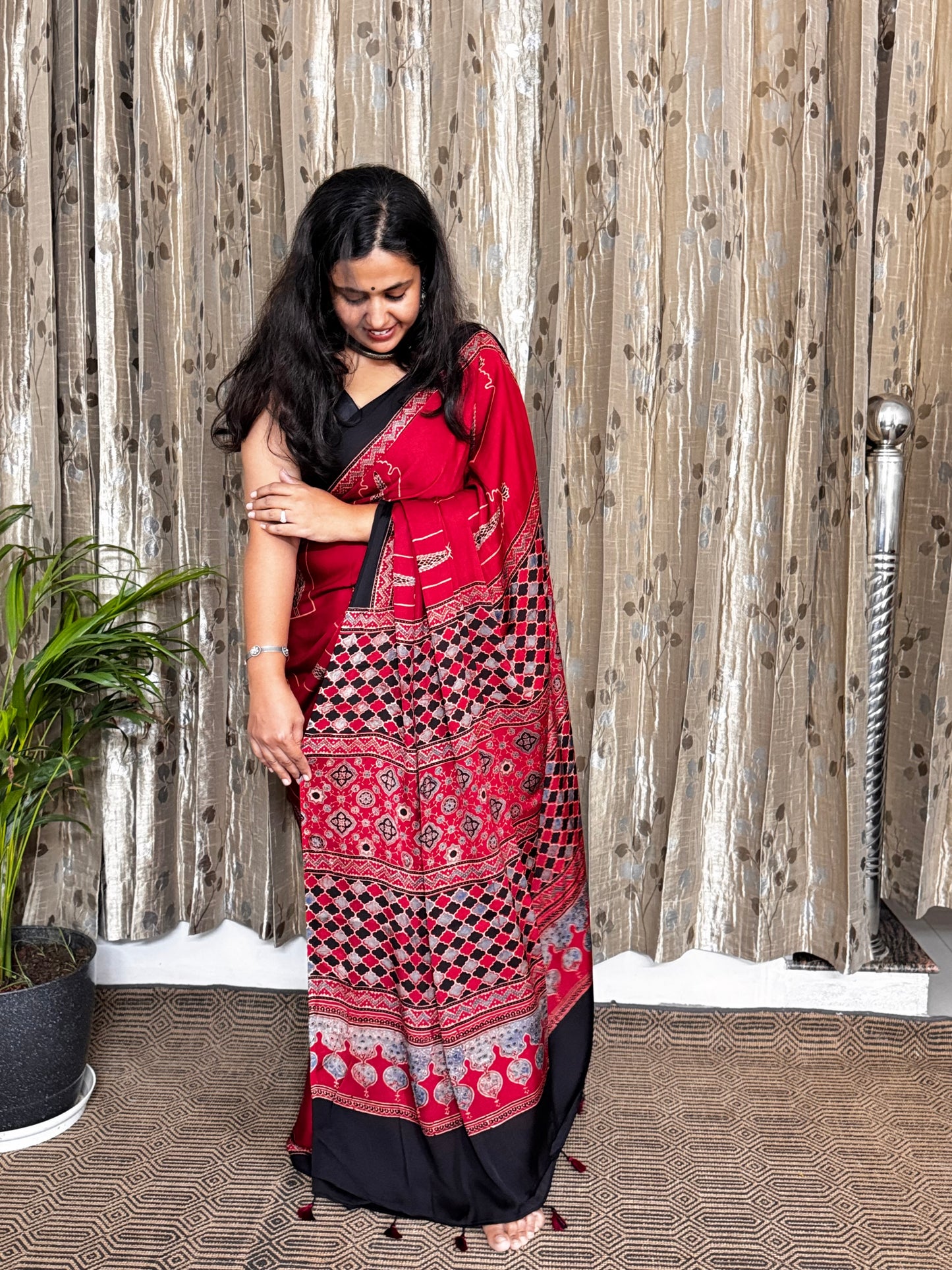 Red and black Hand Blockprint Ajrakh Modal Silk Saree