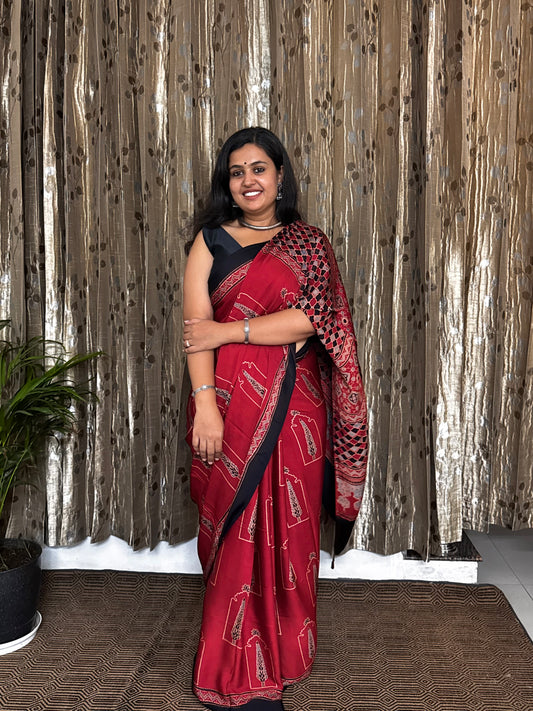Red and black Hand Blockprint Ajrakh Modal Silk Saree