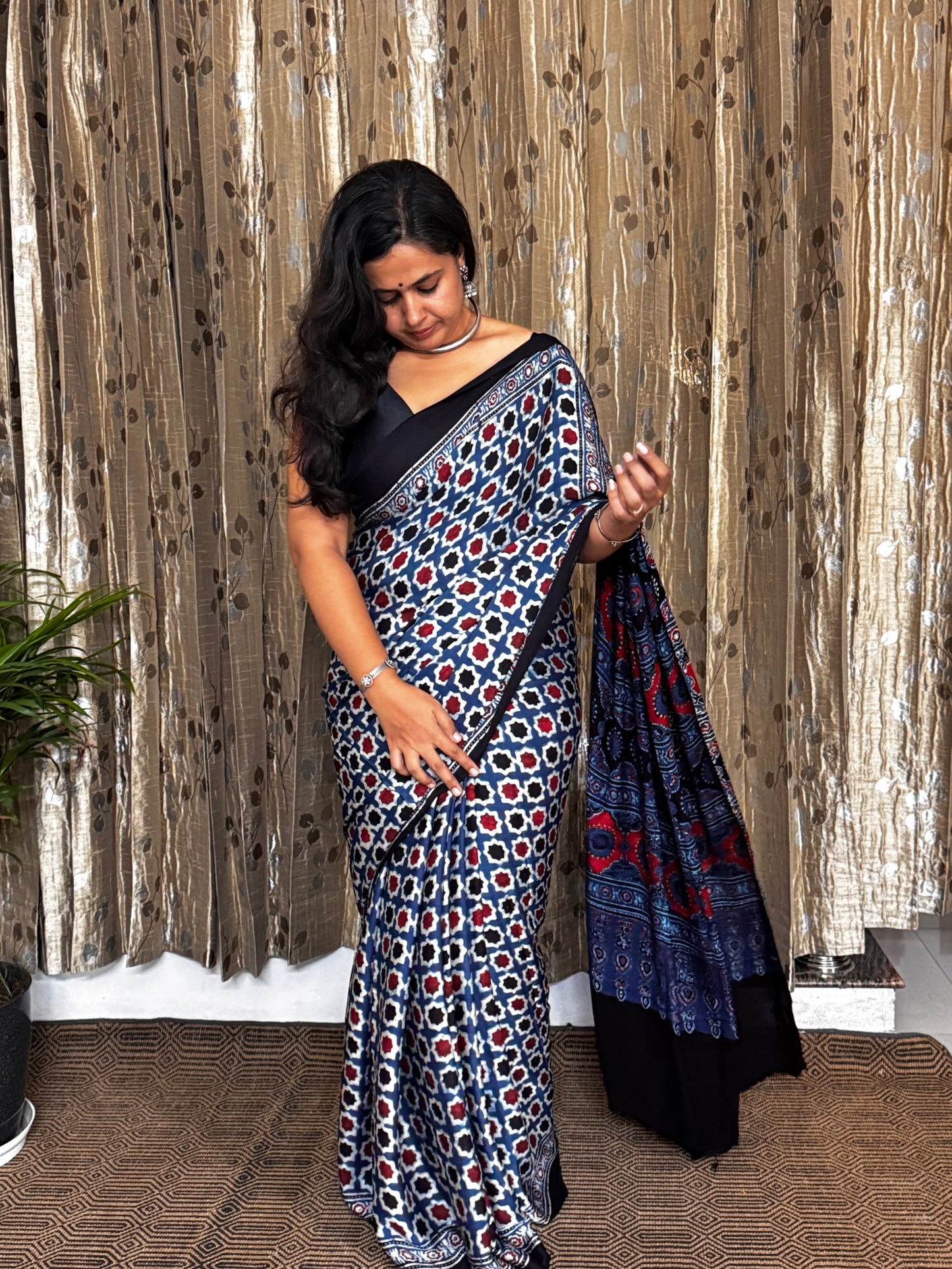 Blue Hand Blockprint Ajrakh Modal Silk Saree