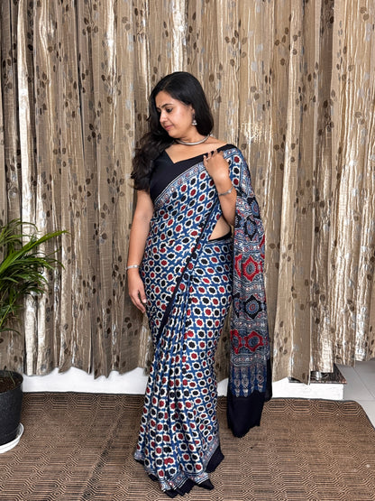Blue Hand Blockprint Ajrakh Modal Silk Saree