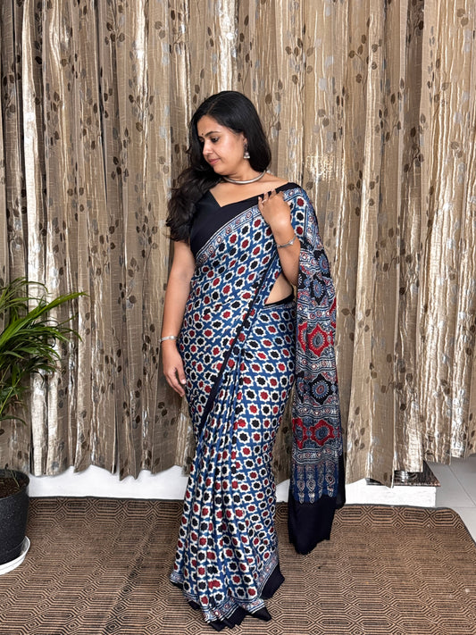 Blue Hand Blockprint Ajrakh Modal Silk Saree