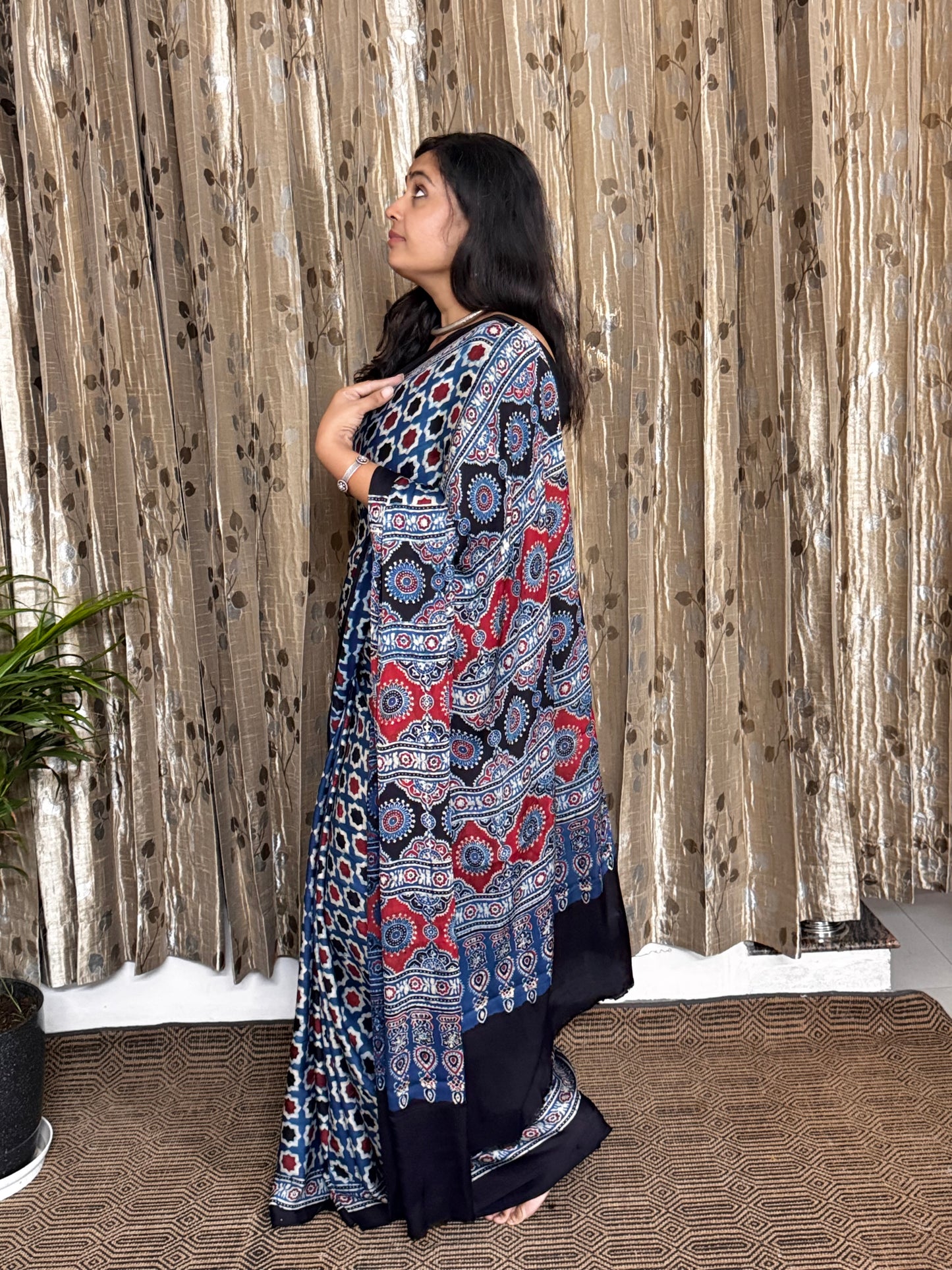 Blue Hand Blockprint Ajrakh Modal Silk Saree