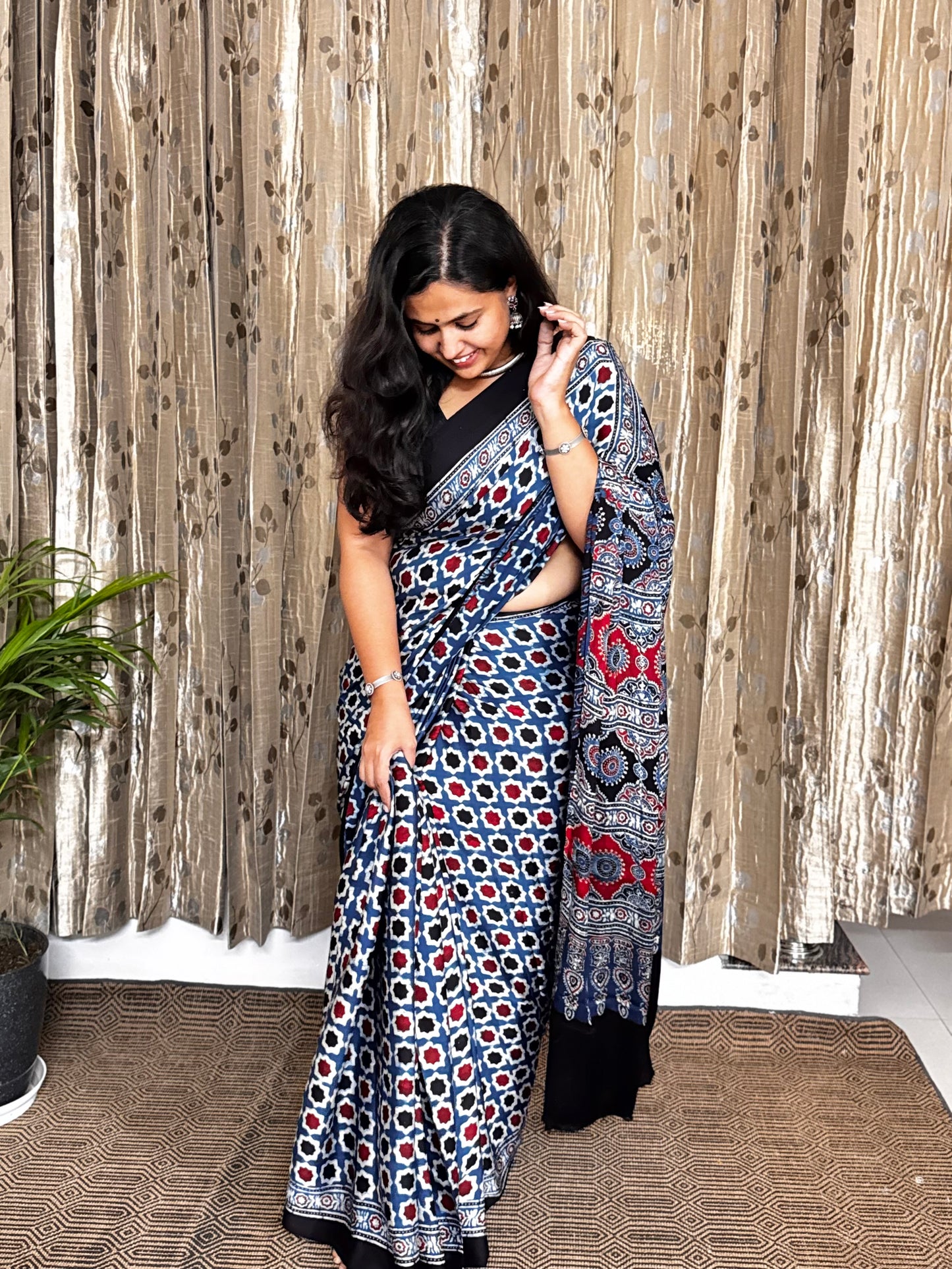 Blue Hand Blockprint Ajrakh Modal Silk Saree