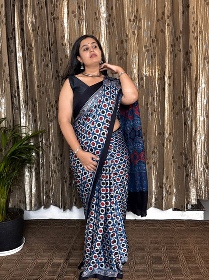 Blue Hand Blockprint Ajrakh Modal Silk Saree