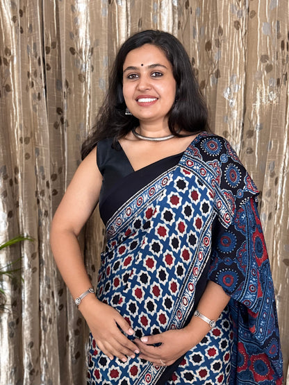 Blue Hand Blockprint Ajrakh Modal Silk Saree