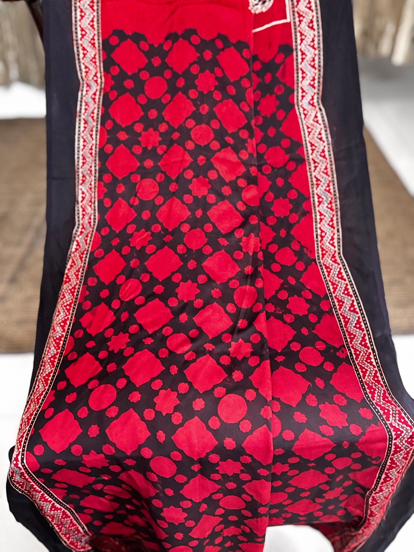 Red and black Hand Blockprint Ajrakh Modal Silk Saree