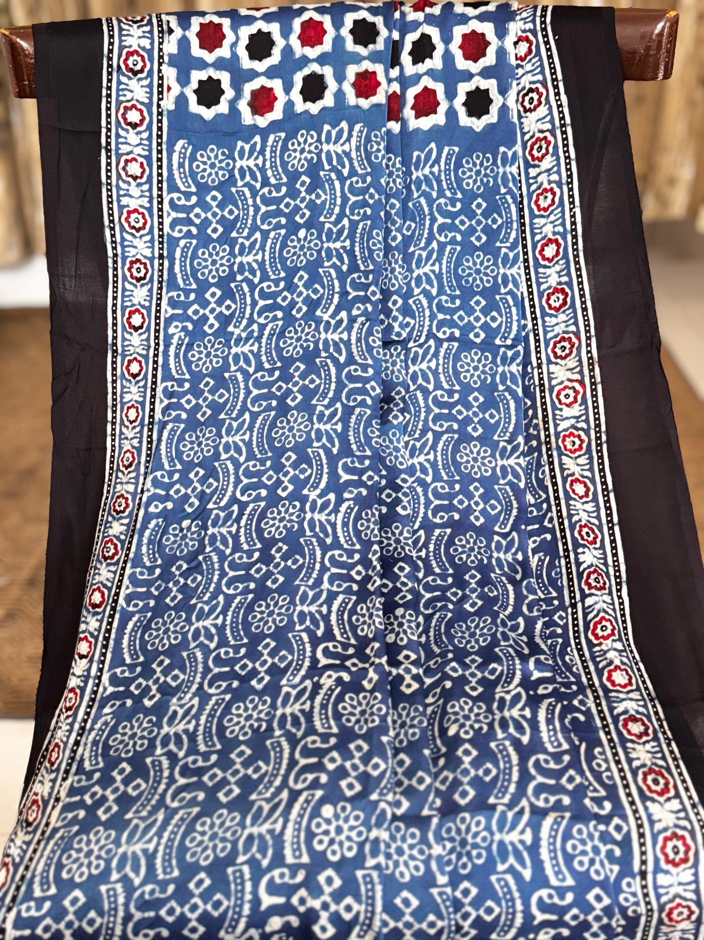 Blue Hand Blockprint Ajrakh Modal Silk Saree