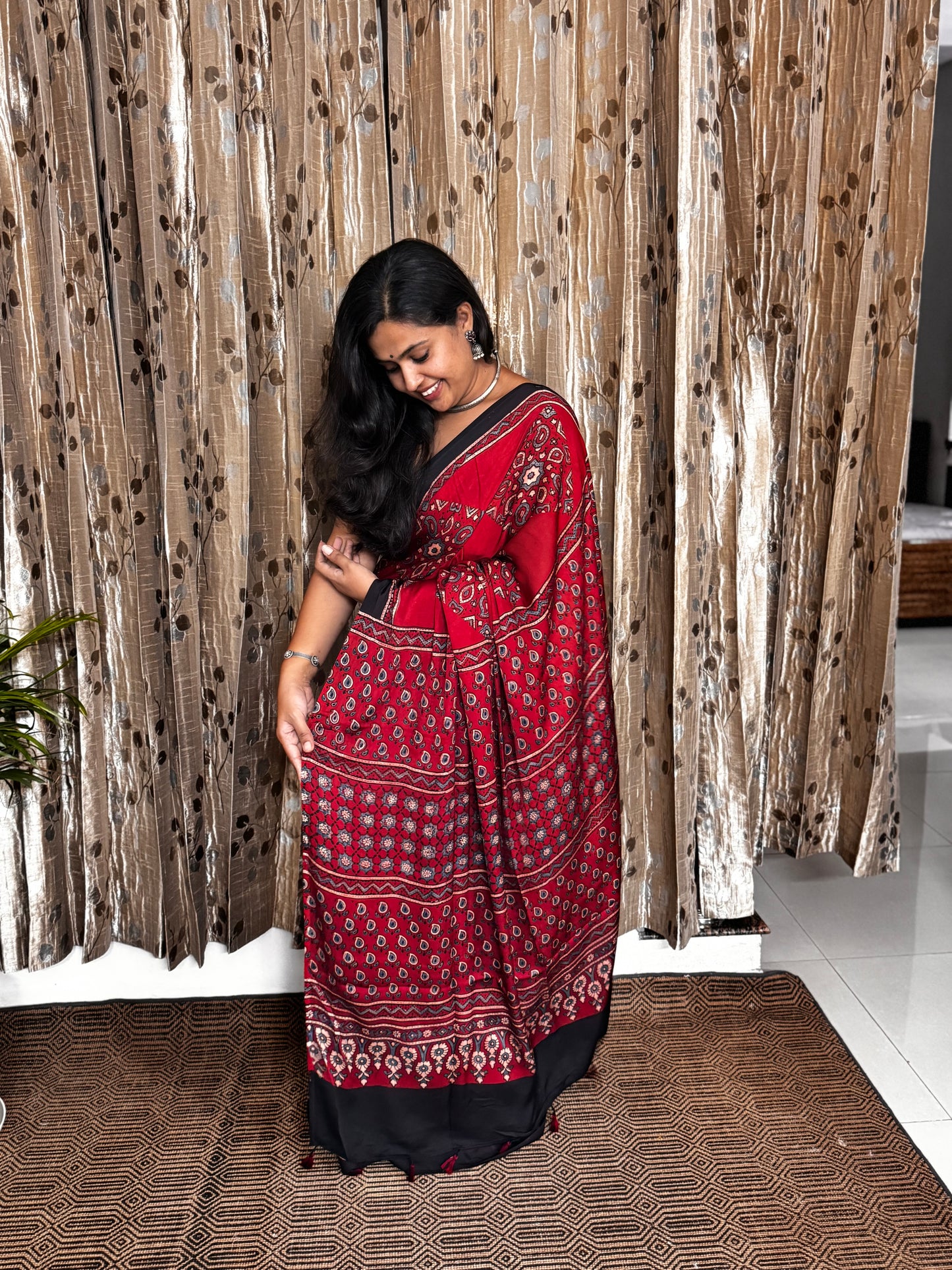 Red and black Hand Blockprint Ajrakh Modal Silk Saree
