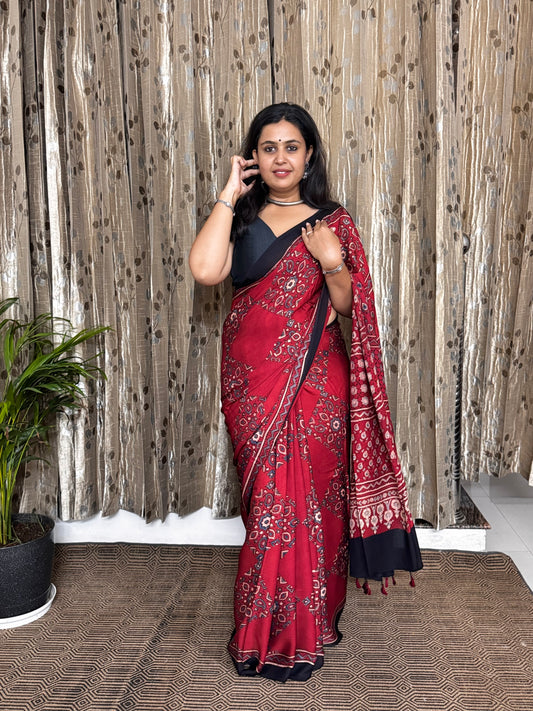 Red and black Hand Blockprint Ajrakh Modal Silk Saree