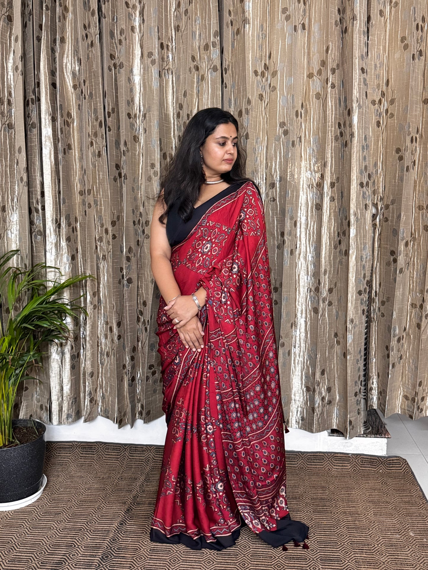 Red and black Hand Blockprint Ajrakh Modal Silk Saree