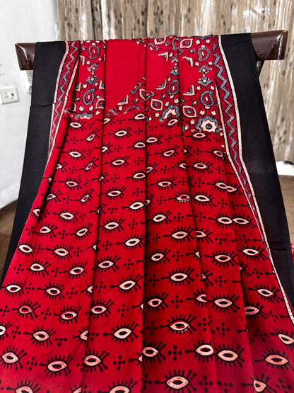 Red and black Hand Blockprint Ajrakh Modal Silk Saree