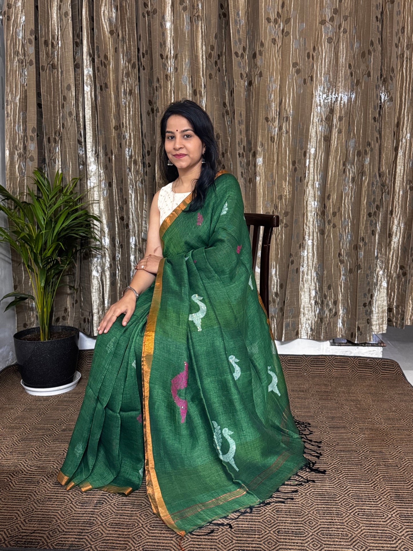 Green Linen Zari Jamdani Saree