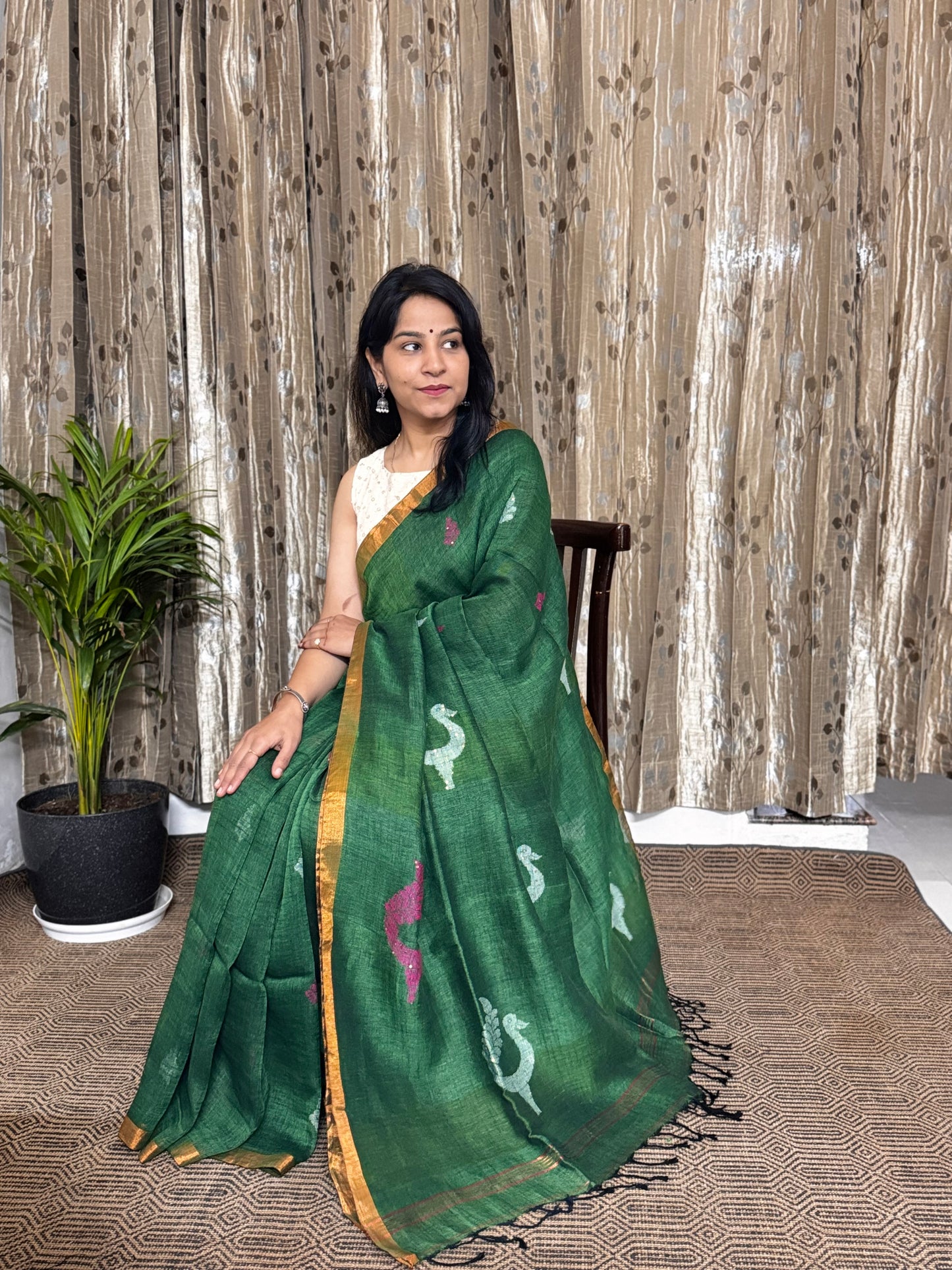 Green Linen Zari Jamdani Saree