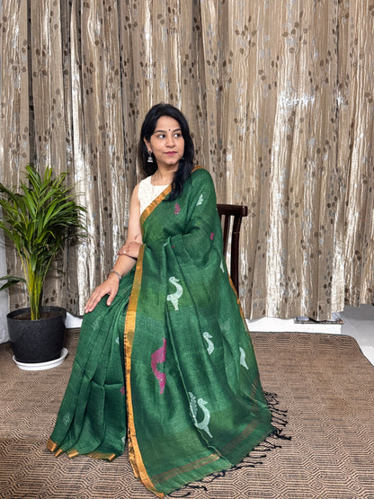 Green Linen Zari Jamdani Saree