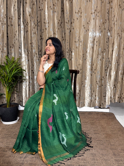 Green Linen Zari Jamdani Saree