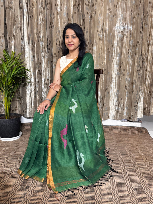 Green Linen Zari Jamdani Saree