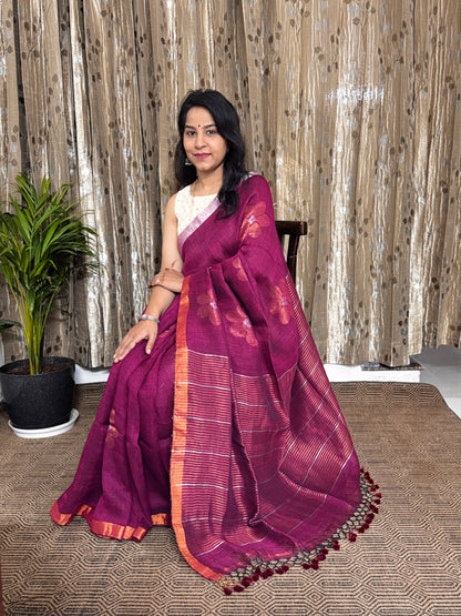 Berry Pink Linen Zari Jamdani Saree