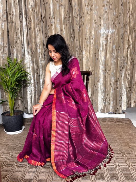 Berry Pink Linen Zari Jamdani Saree