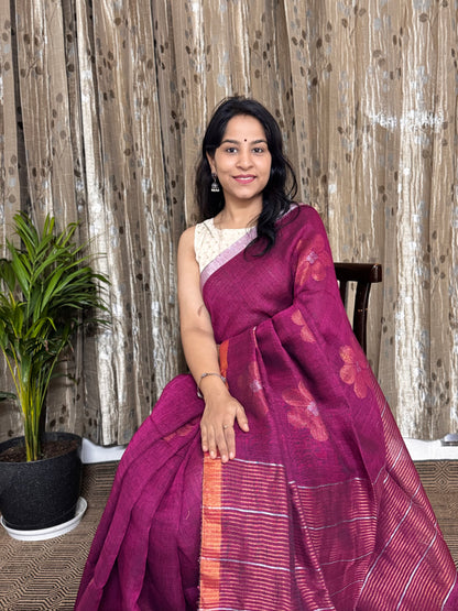 Berry Pink Linen Zari Jamdani Saree