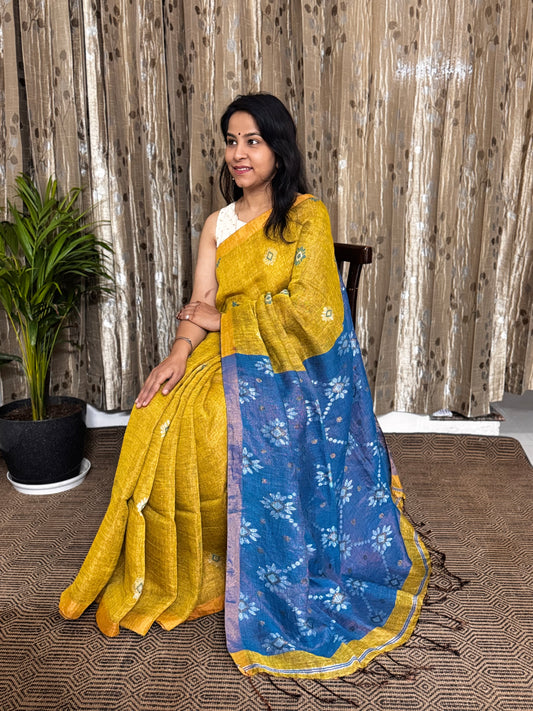 Mustard Blue Linen Zari Jamdani Saree