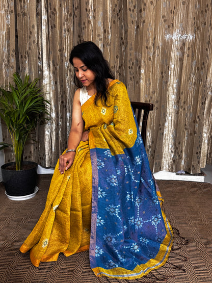 Mustard Blue Linen Zari Jamdani Saree