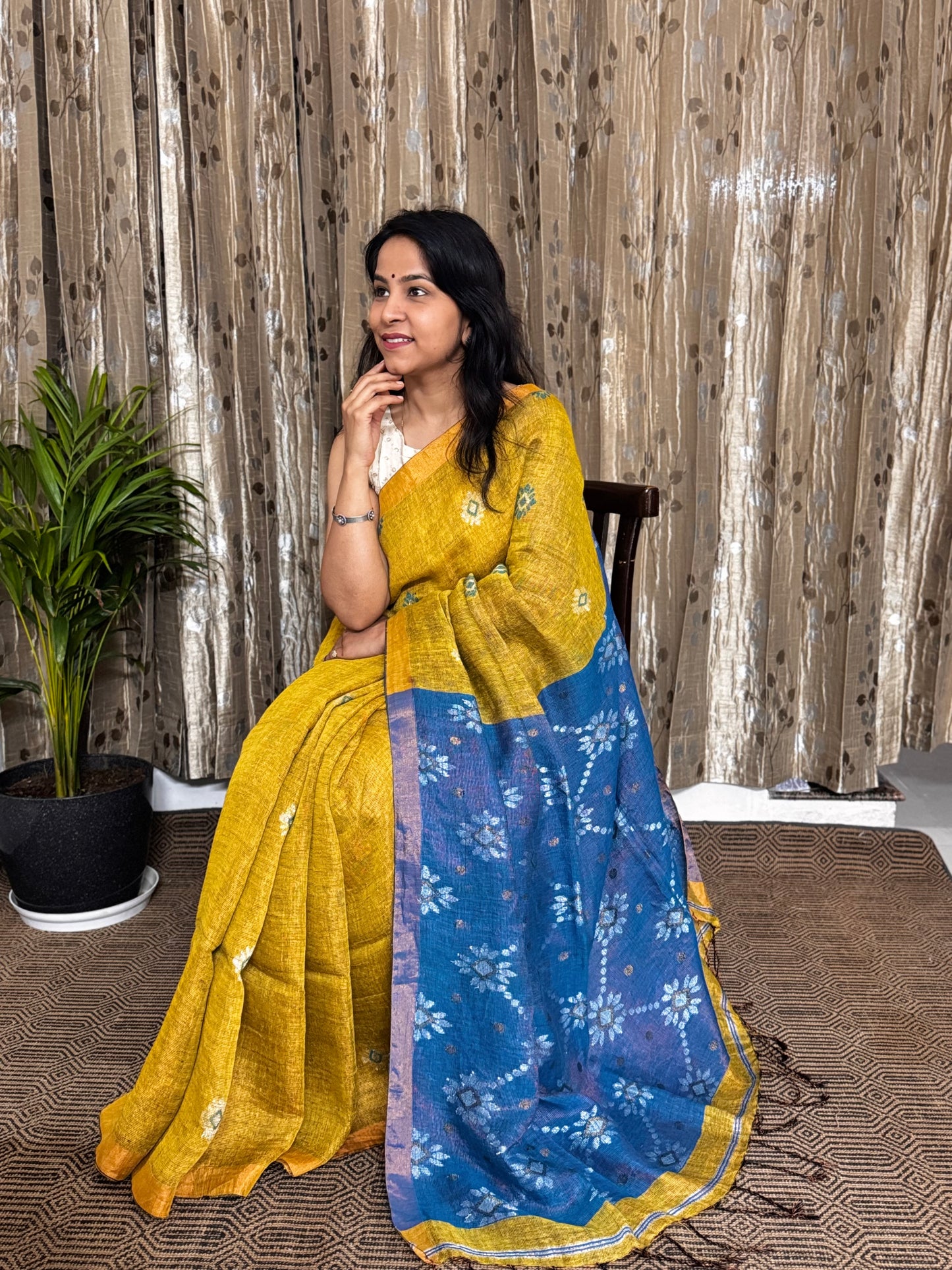 Mustard Blue Linen Zari Jamdani Saree