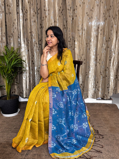 Mustard Blue Linen Zari Jamdani Saree