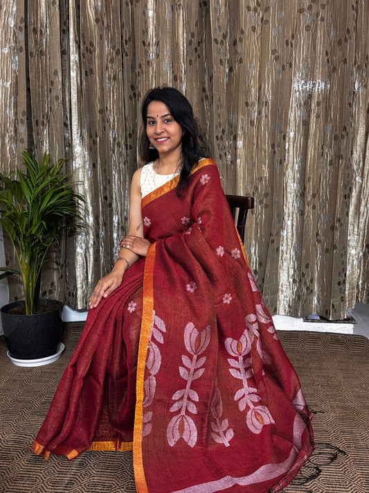 Deep Red Tissue Linen Zari Jamdani Saree