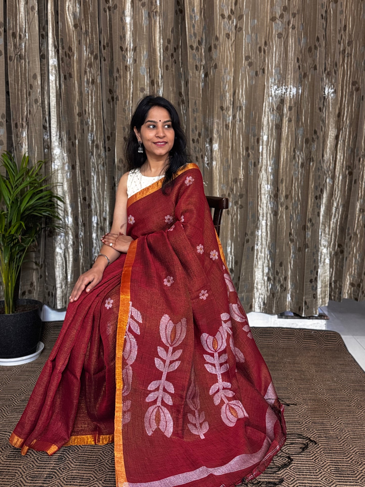 Deep Red Tissue Linen Zari Jamdani Saree