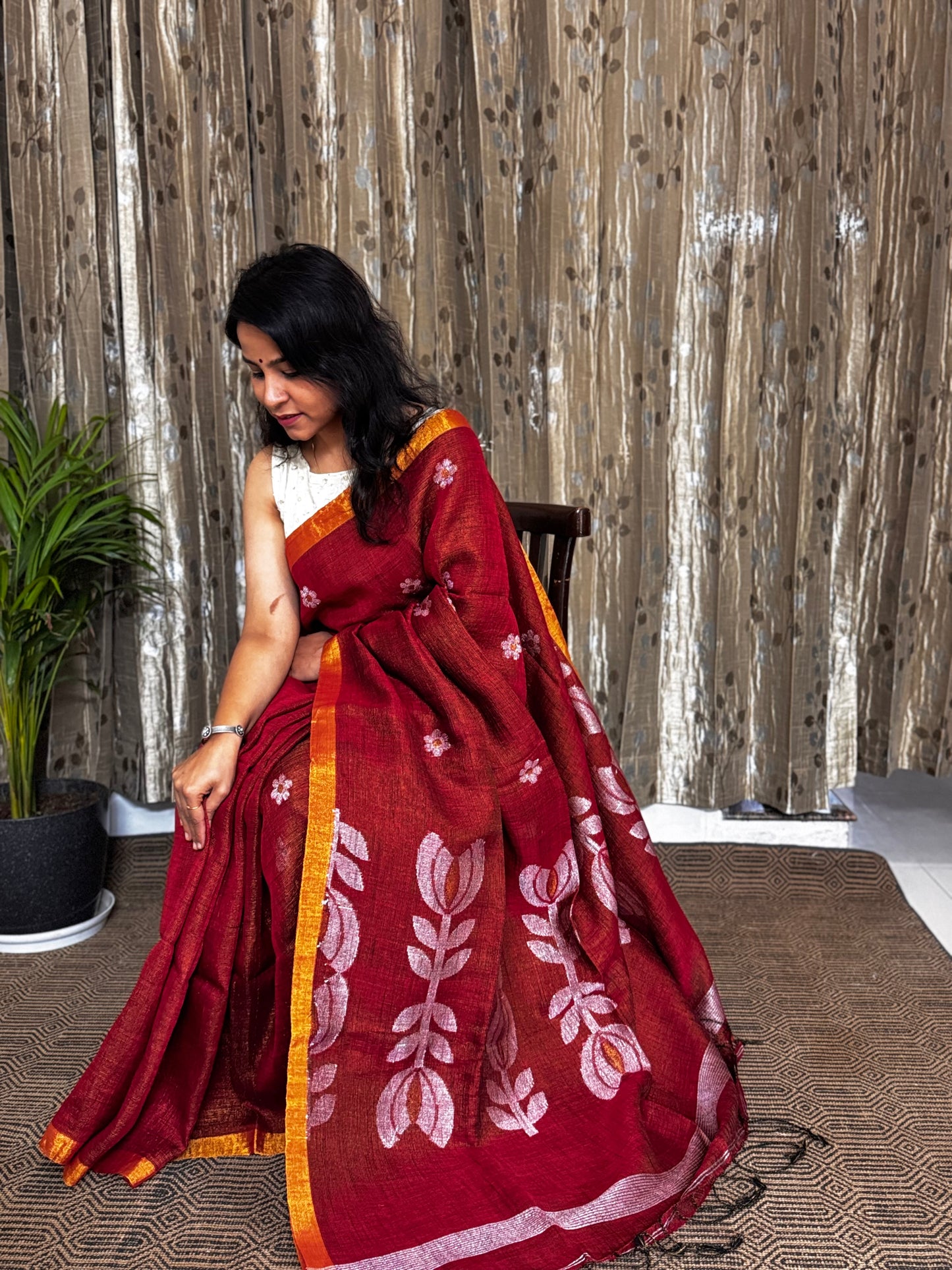 Deep Red Tissue Linen Zari Jamdani Saree